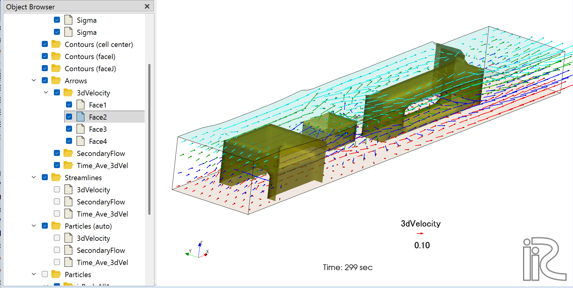 3D post-processing result showing two Structure bodies and multi-layer velocity vectors (Time: 299 sec)