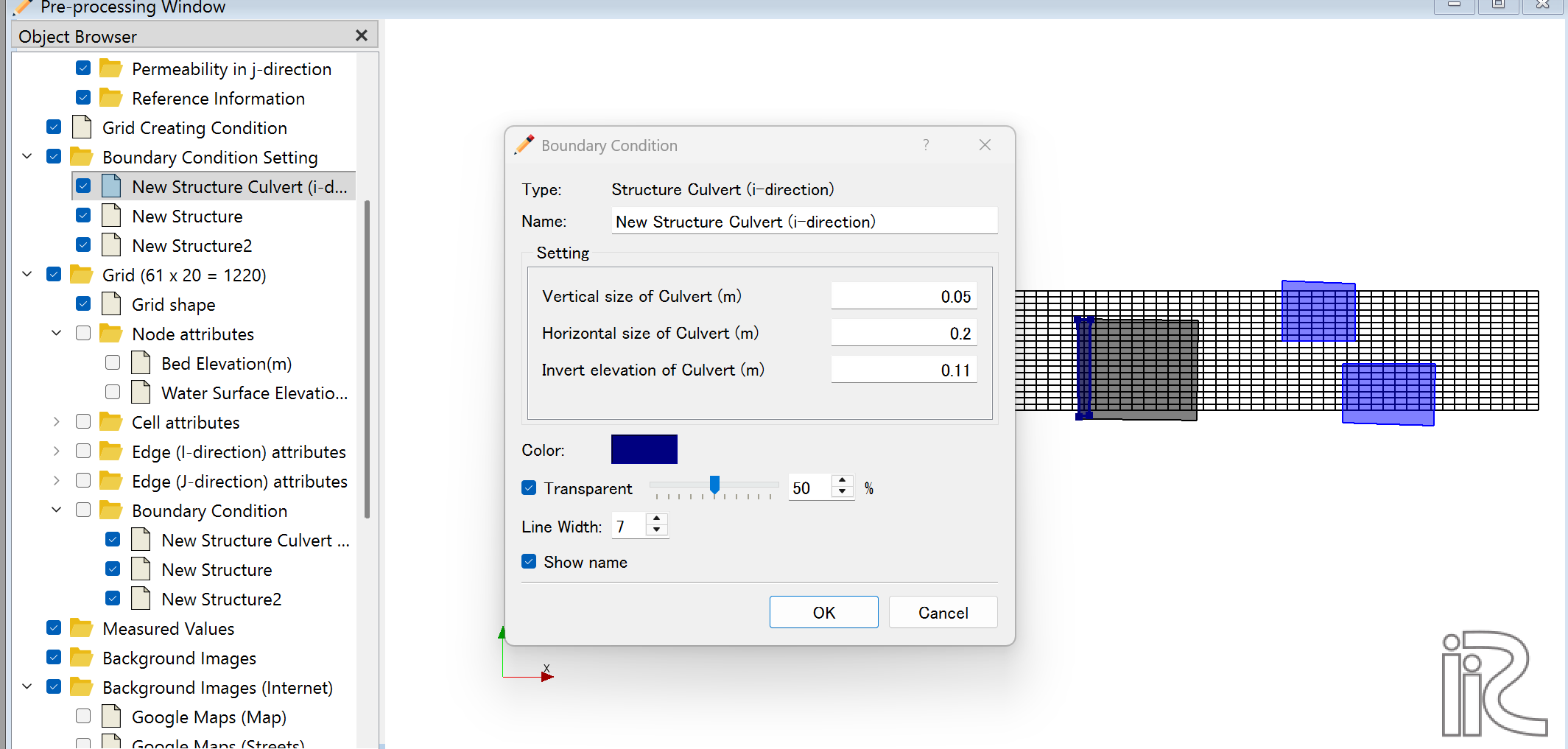 Culvert parameter dialog showing all three parameters and the BC list in the left panel