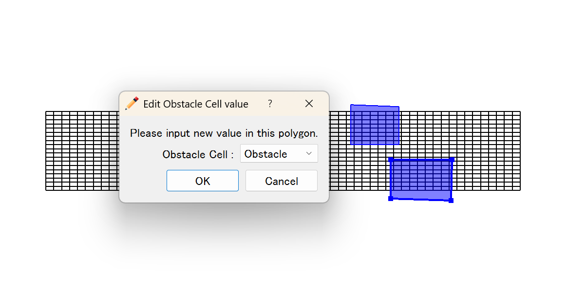 Obstacle Cell assignment dialog with highlighted obstacle cells (blue)