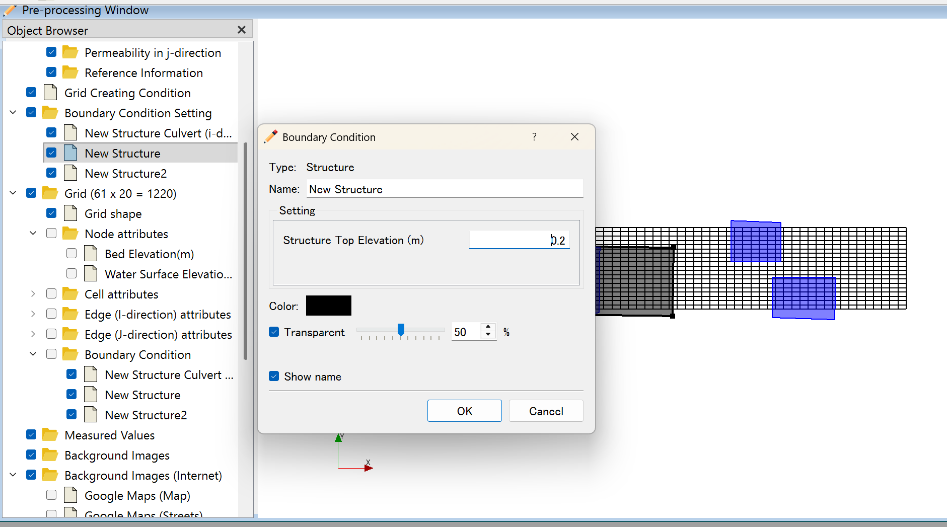 Structure BC dialog showing the left panel BC list, Structure Top Elevation input, and grid view